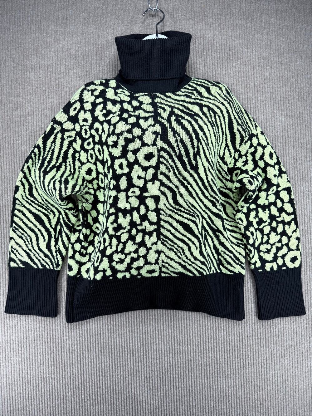 Zara Split Animal Print Turtleneck Neon Green Sweater S - Picture 1 of 7